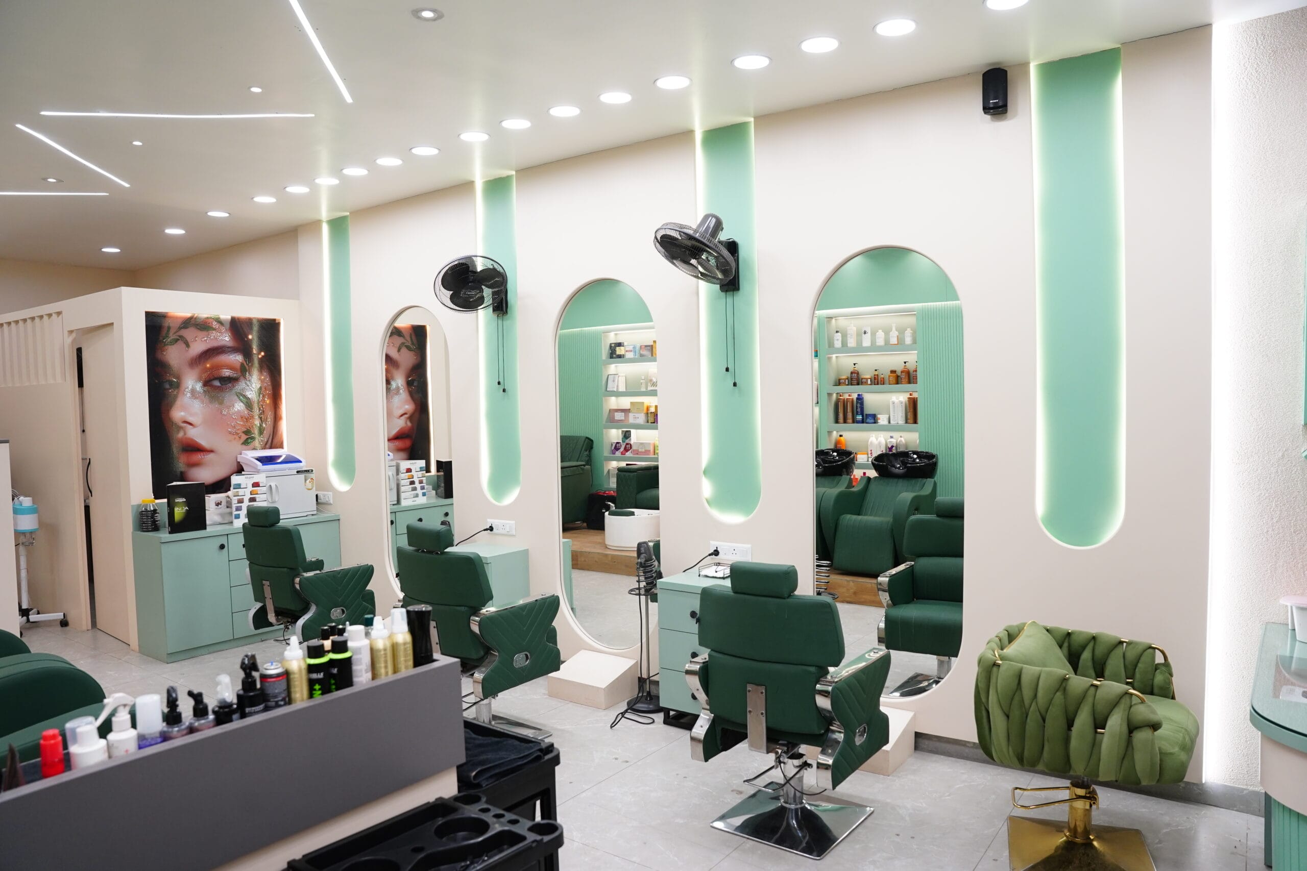 The luxurious interior of Iconik Salon Hisar, a modern unisex salon with premium ambience, professional haircare setup, and elegant salon design.